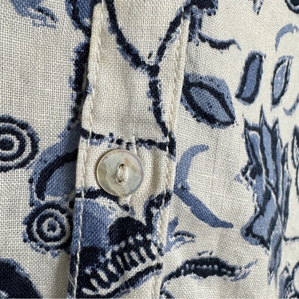 Linen Floral Shirt Coastal Chic Boho Resort Blouse Blue White Euro Summer Top - Picture 3 of 11